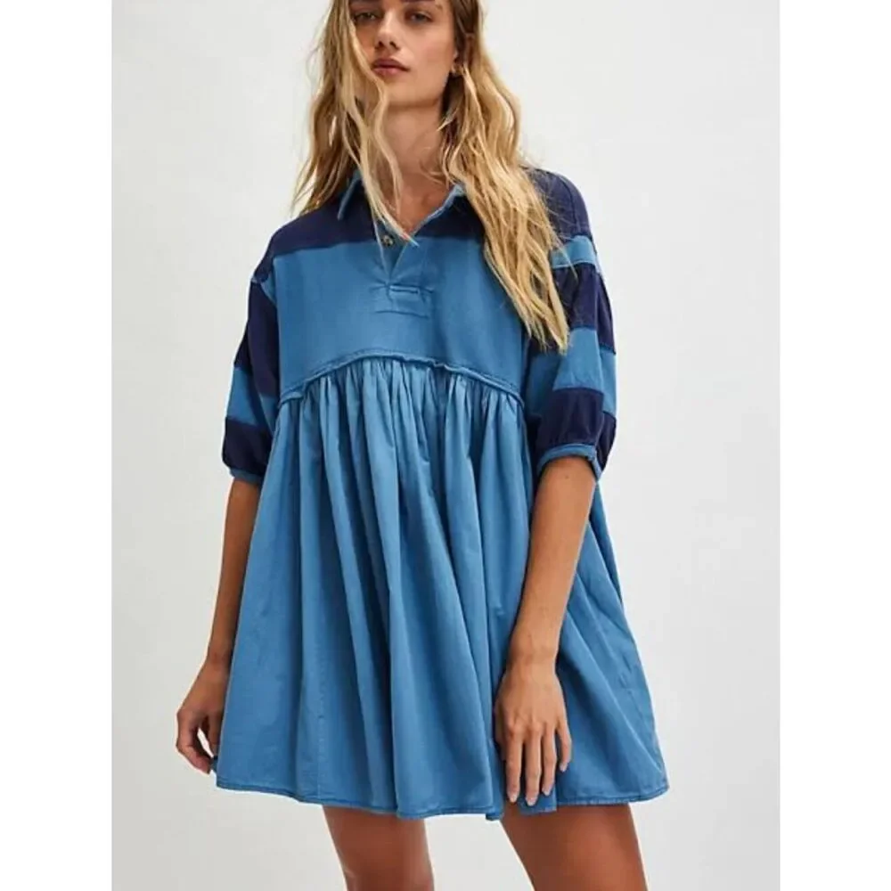 Free People Remi Rugby Mini Dress Blue